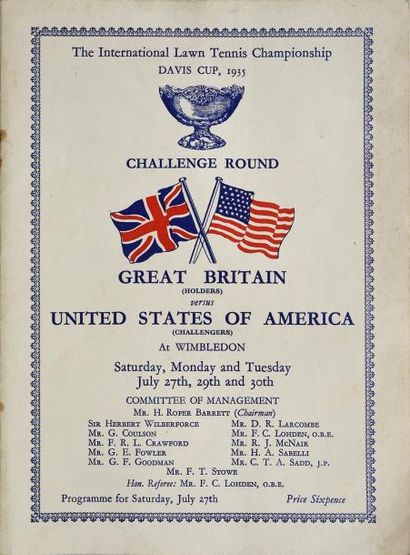 null Programme officiel pour la finale de la Coupe Davis 1935 entre la Grande Bretagne...
