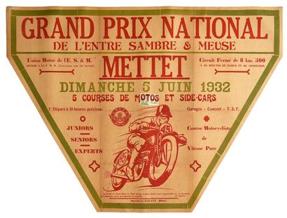 null Affiche officielle du Grand Prix National de Mettet, le 5 juin 1932. 5 courses...