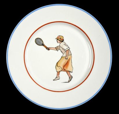 null Ensemble de 16 assiettes en céramique à décor de joueuses et de joueurs de tennis...