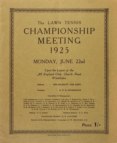 null Programme officiel du Tournoi de Wimbledon 1925 pour la journée du 22 juin....