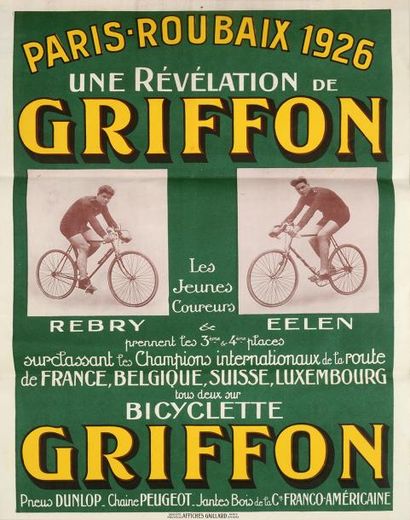 null Affiche «Paris-Roubaix 1926». Les jeunes coureurs Rebry et Eelen, 3ème et 4ème...
