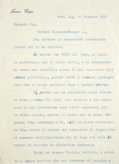 null Lettre tapuscrite du 21 octobre 1957 de Fausto Coppi à l'attention de Marcel...