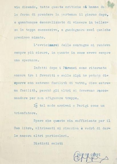 null Lettre tapuscrite du 21 octobre 1957 de Fausto Coppi à l'attention de Marcel...