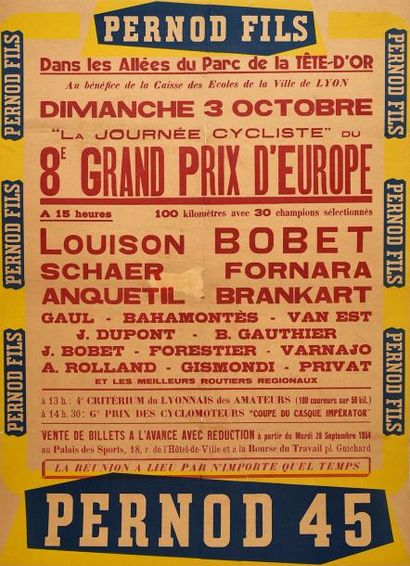 null Affiche originale du 8ème Grand Prix d'Europe en 1953 au Parc de la Tête d'or...