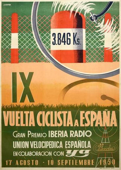 null Affiche officielle du IXème Tour d'Espagne du 17 août au 10 septembre 1950.
Illustrée...