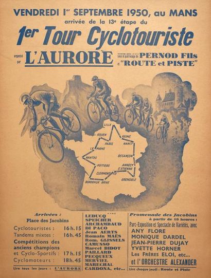 null Affiche du 1er Tour Cyclotouriste organisé par l'Aurore le 1er septembre 1950,...