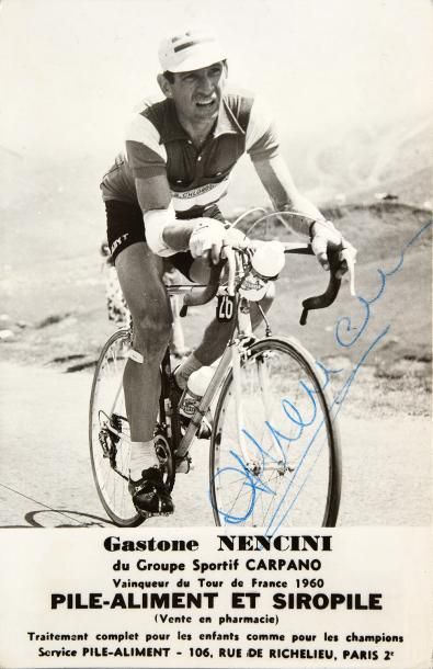 null Carte photo avec la signature originale de Gastone Nencini, vainqueur du Tour...