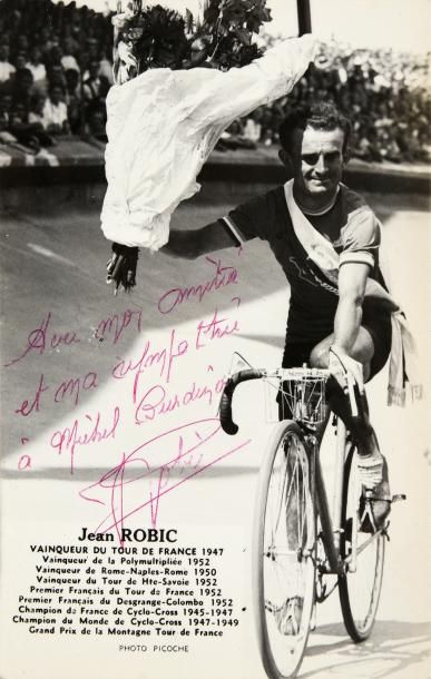 null Carte photo avec la signature originale de Jean Robic vainqueur du Tour de France...