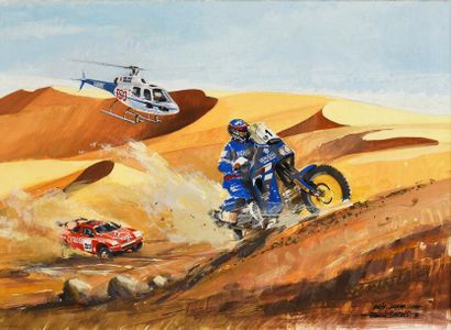 Dartois Francis (1934-2015) Gouache aquarellée illustrant la course du Paris-Dakar...