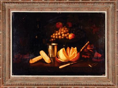 Auguste FAUVEL Nature morte à l'orange Huile sur panneau. 41,5 x 60 cm.