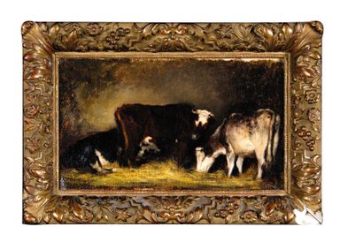 L. COIGNARD (1810-1885) Vaches à l'étable Toile, signée en haut à gauche.23 x 38...