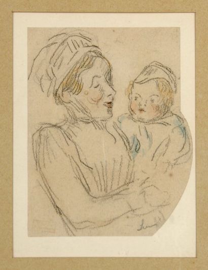 Maximilien LUCE Mère et enfant Crayon et rehaux d'aquarelle. Signé.11,5 x 9 cm.