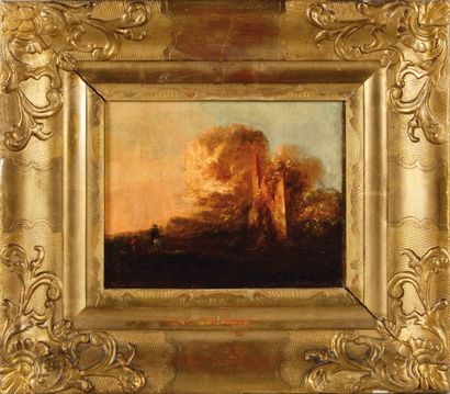 Ecole FLAMANDE du XVIIIe siècle Cavalier dans un paysage de ruines.Toile.14 x 18...