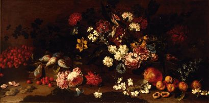 Ecole ITALIENNE du XIXe siècle Nature morte au bouquet de fleurs et aux fruits Toile.49,5...