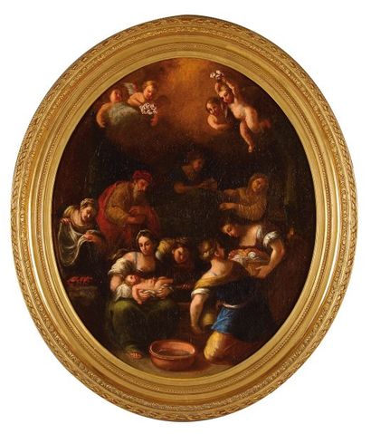 Ecole Bolonaise du XVIIIe siècle Le Baptême de la Vierge.Toile ovale.54 x 45 cm