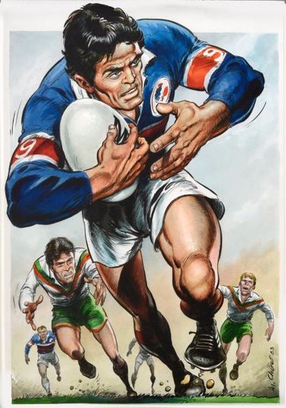 CHERET André (né en 1937) RUGBY LEAGUE.
Superbe illustration sportive représentant...