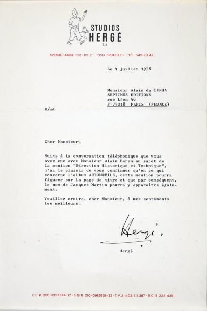 HERGÉ (1907-1983) Lettre tapuscrite à en-tête des studios Hergé
Dimensions: 21 x...