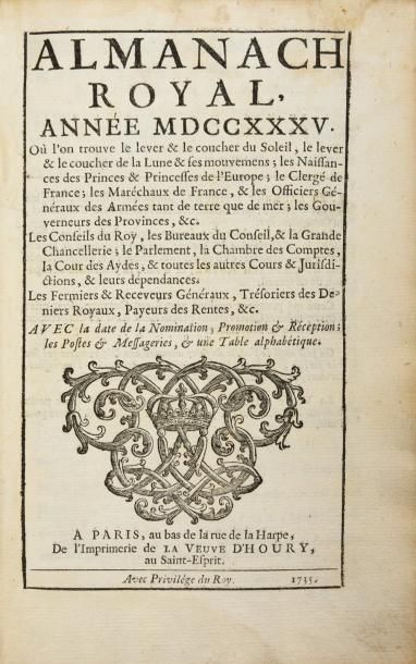 null ALMANACH royal, année MDCCXXXV. Paris, d'Houry, 1735. In-8, maroquin rouge aux...
