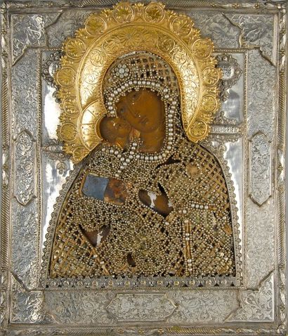 null Icône sur bois « Vierge à l'Enfant », avec sa riza en métal et sa nimbe en métal...