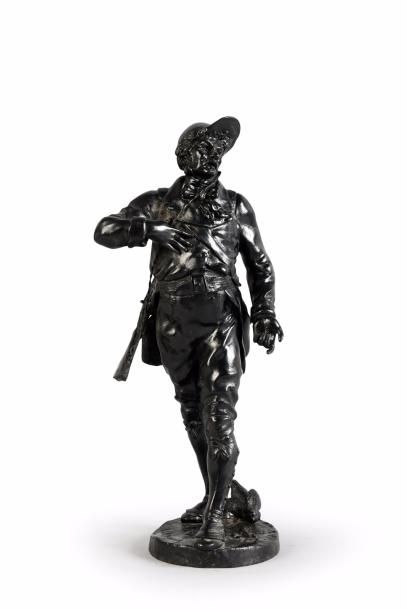 Émile PICAULT (1833-1915) Chasseur à la gibecière, une perdrix à ses pieds.
Bronze...