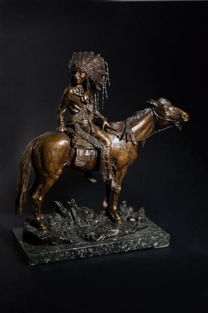 T. Curts (1895-1929) Indien d'Amérique sur son cheval.
Bronze à patine brune. Fondeur...