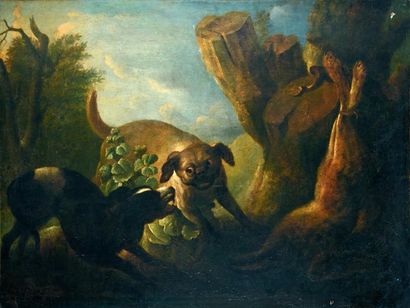 Jean Baptiste OUDRY (1686 - 1755). Atelier de Deux chiens devant un lièvre.
Toiles....