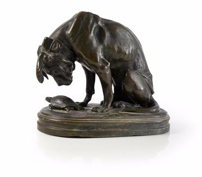 Henri-Alfred Jacquemart (1824-1896) d'après Chien à la tortue.
Bronze à patine brun-vert,...