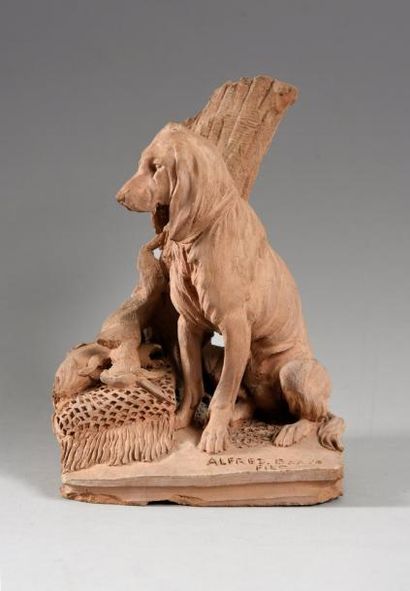 Alfred Barye Fils (1839 -1882) Chien à la gibecière.
Terre cuite originale, signée...