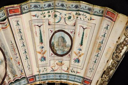 null Le panthéon de Rome, vers 1780-1790
Eventail, feuille double en cabretille peinte...