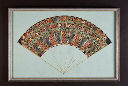 null Aigle, soleil et coq, début XVIIe siècle Feuille d'éventail en papier découpé...
