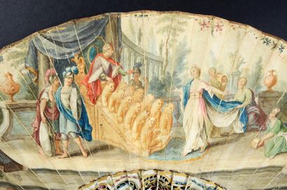 null Le trône de Salomon, vers 1750-1760
Eventail plié, feuille en peau peinte à...