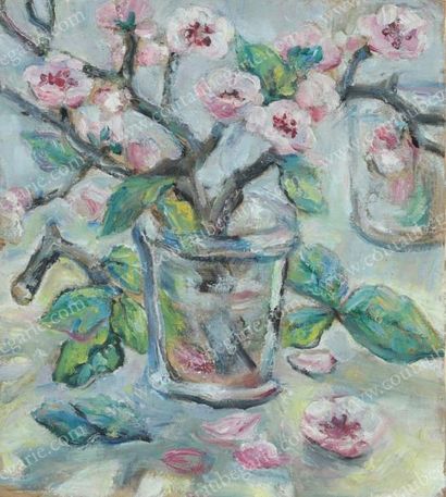 ATTRIBUÉ À NATALIA GONTCHAROVA (1881-1962) Nature morte vase au pommier fleuri.
Huile...