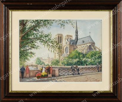 ROUBTZOFF Alexandre (1884-1949) Vue de Notre-Dame depuis le quai de Conti.
Aquarelle...