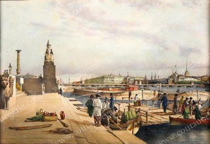 École RUSSE du XIXe siècle Vue du quai de l'Amirauté à Saint-Pétersbourg.
Lithographie...
