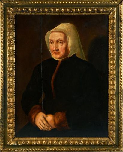 École FLAMANDE du XVIe siècle 
Portrait de femme au manteau de fourrure.
Huile sur...