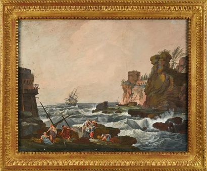 Suiveur de Jean-Baptiste LALLEMAND (1716-1803) 
Scène de tempête et Paysage marin...