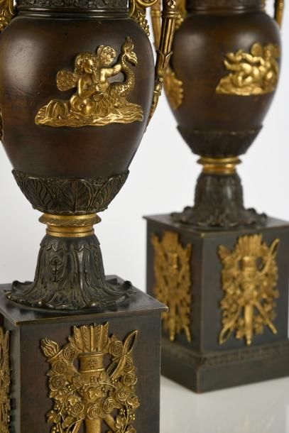 null Paire de vases en bronze patiné et doré, ils reposent sur une base rectangulaire...