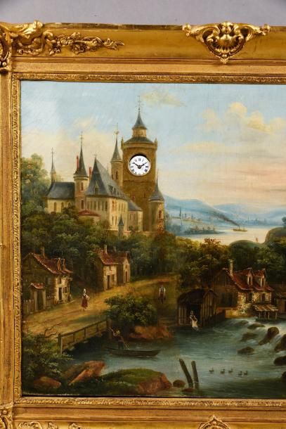 null Tableau horloge à décor peint d'un paysage lacustre, le mouvement inscrit dans...