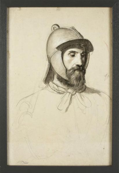 Georges CLAIRIN (1843-1919) 
Etude de chevalier casqué
Crayon, fusain, craie blanche.
Signé...