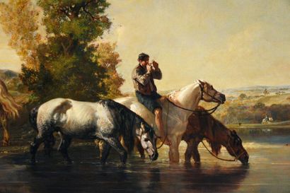 JULES JACQUES VEYRASSAT (PARIS 1828 - 1893) 
Cavaliers faisant boire leurs chevaux
Toile...