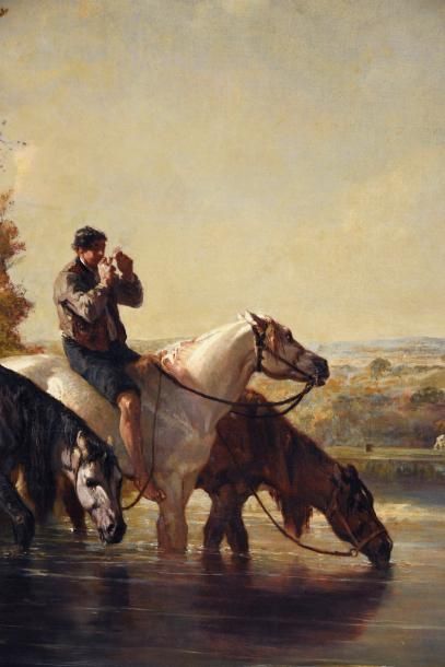 JULES JACQUES VEYRASSAT (PARIS 1828 - 1893) 
Cavaliers faisant boire leurs chevaux
Toile...