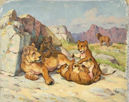 Georges Frédéric ROTIG (1873-1961) 
Lionne et ses petits.
Huile sur toile. SBG et...