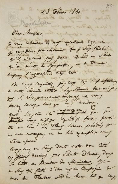 Charles BAUDELAIRE (1821-1867) 
Lettre autographe signée au poète lyonnais Joséphin...