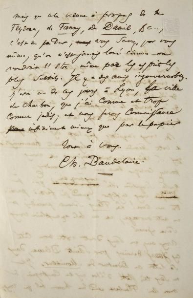 Charles BAUDELAIRE (1821-1867) 
Lettre autographe signée au poète lyonnais Joséphin...
