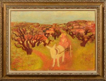 Maurice Louis SAVIN (1894 - 1973) 
Paysage de Provence à la carriole.
Toile, étiquette...