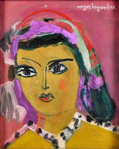 Roger BESOMBES (1913-1994) 
Tête de femme marocaine
Toile. SHG
27 x 22 cm