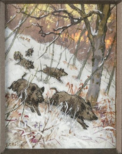 Georges Frédéric ROTIG (1873-1961) 
Horde de sangliers dans la neige.
Technique mixte:...