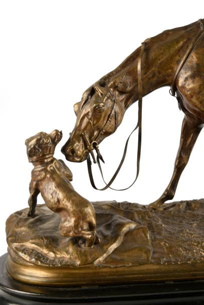 Pierre-Jules Mene (1810-1879) 
Jument à l'écurie jouant avec un chien.
Métal, patine...