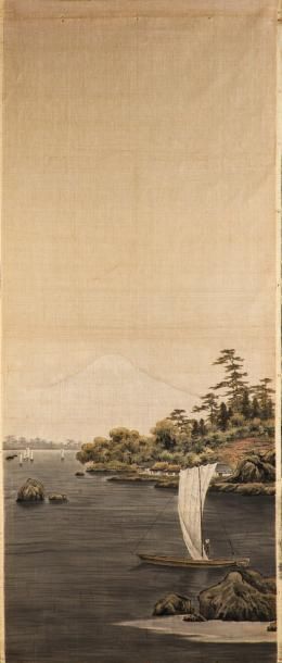 null Suite de quatre feuilles de paravent en velours, Japon époque Meiji, velours...