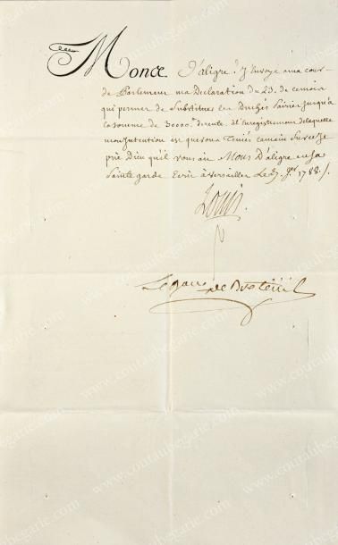 LOUIS XVI, roi de France (1754-1793) Lettre de secrétaire signée «Louis», Versailles,...